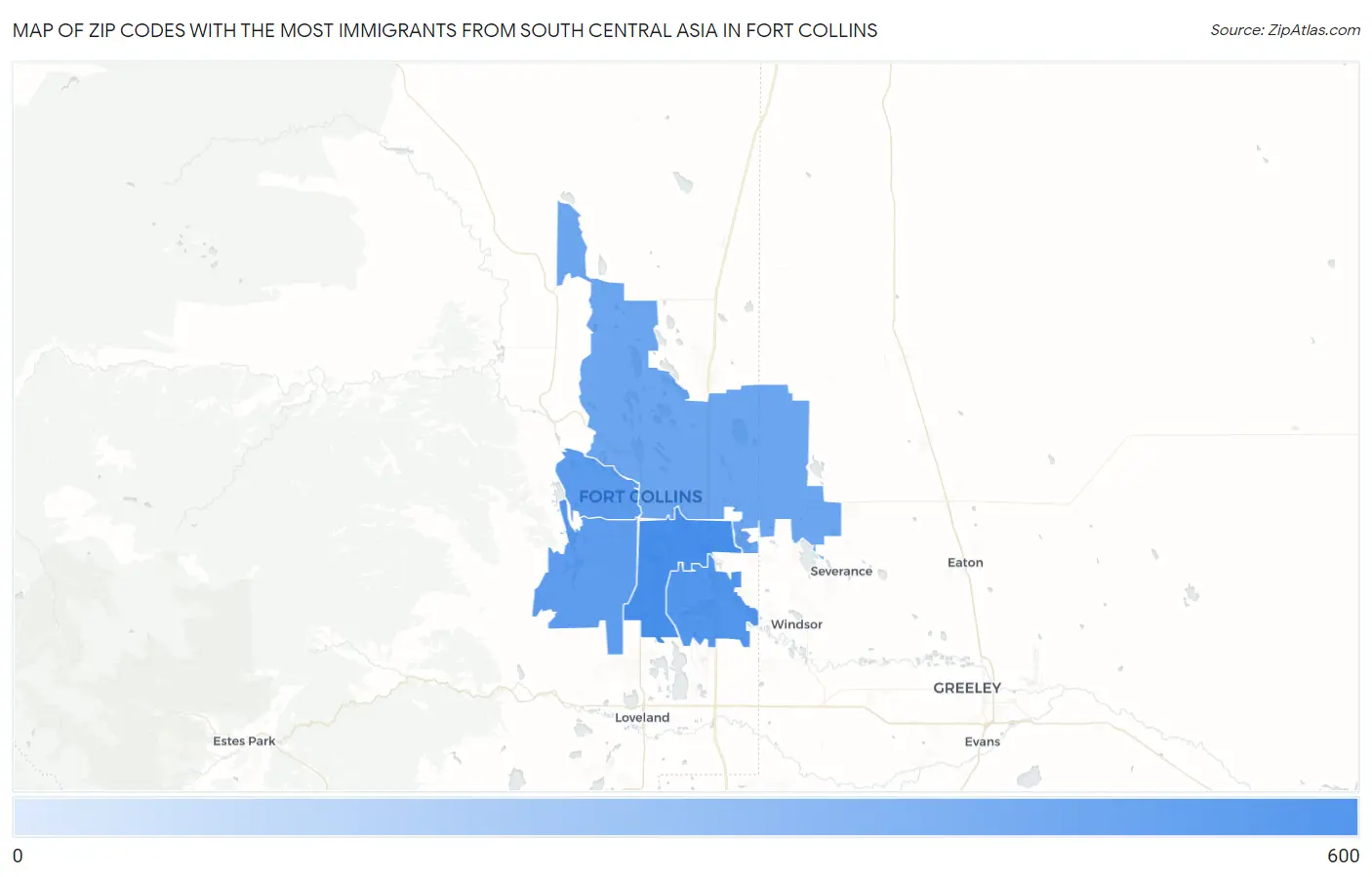 Zip Codes with the Most Immigrants from South Central Asia in Fort Collins Map