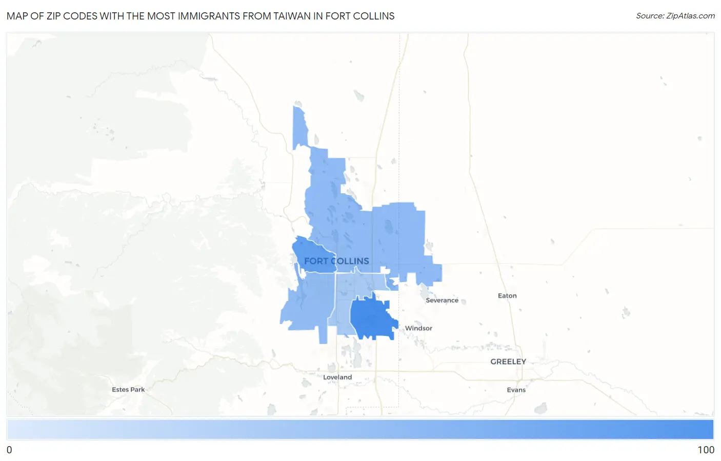 Zip Codes with the Most Immigrants from Taiwan in Fort Collins Map