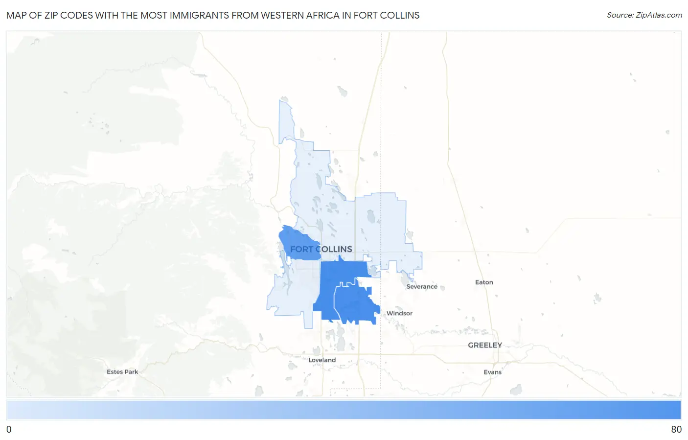 Zip Codes with the Most Immigrants from Western Africa in Fort Collins Map