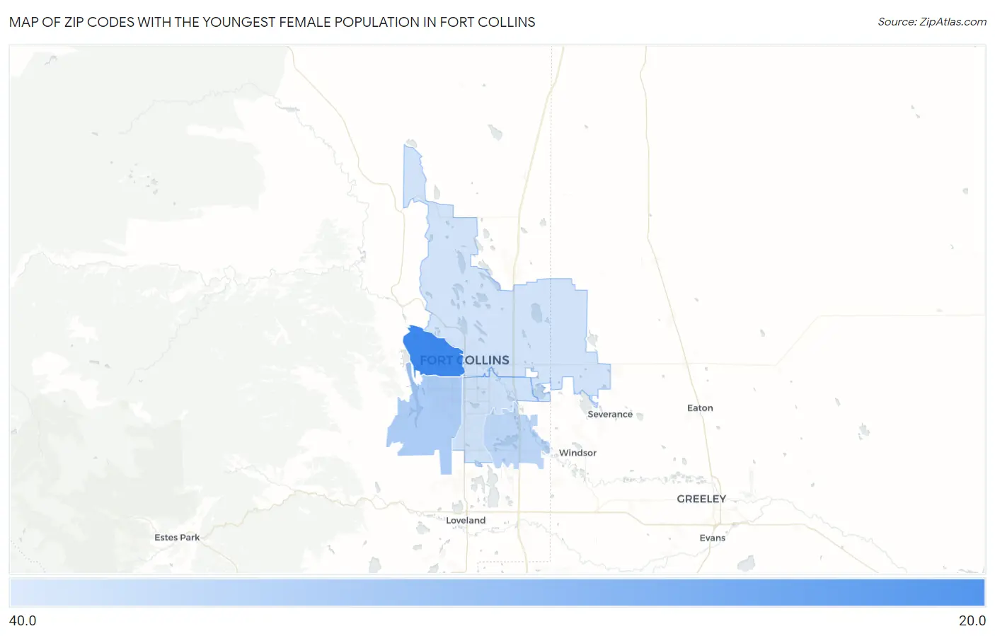 Zip Codes with the Youngest Female Population in Fort Collins Map