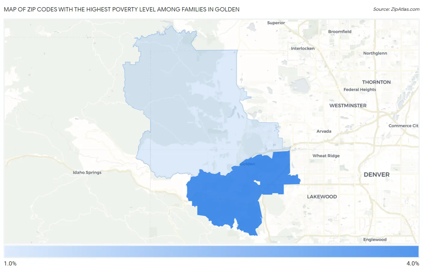Zip Codes with the Highest Poverty Level Among Families in Golden Map