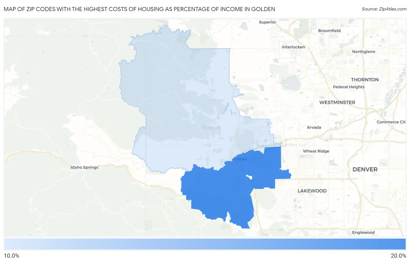 Zip Codes with the Highest Costs of Housing as Percentage of Income in Golden Map