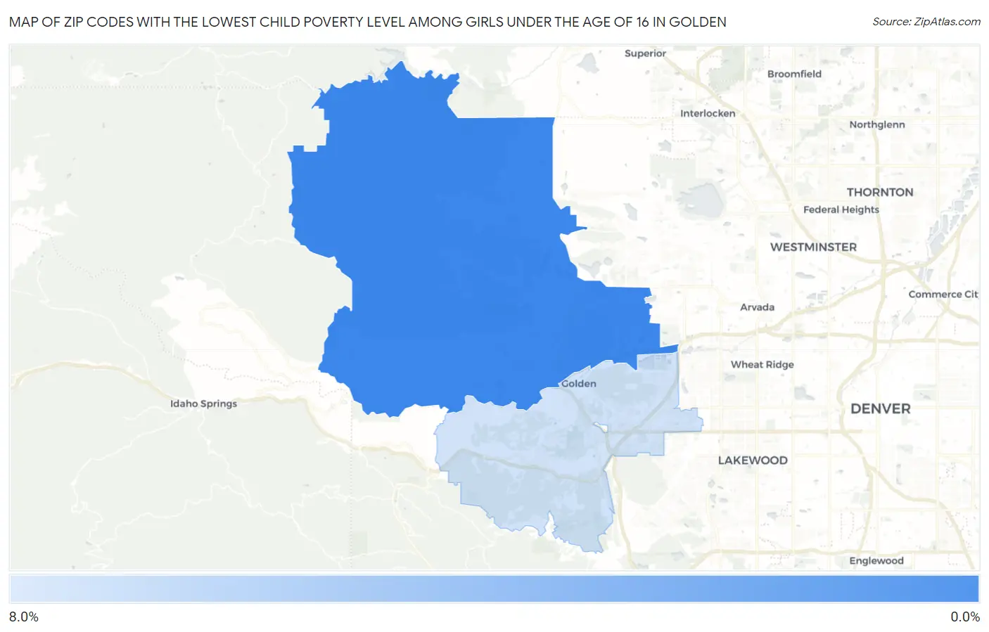 Zip Codes with the Lowest Child Poverty Level Among Girls Under the Age of 16 in Golden Map
