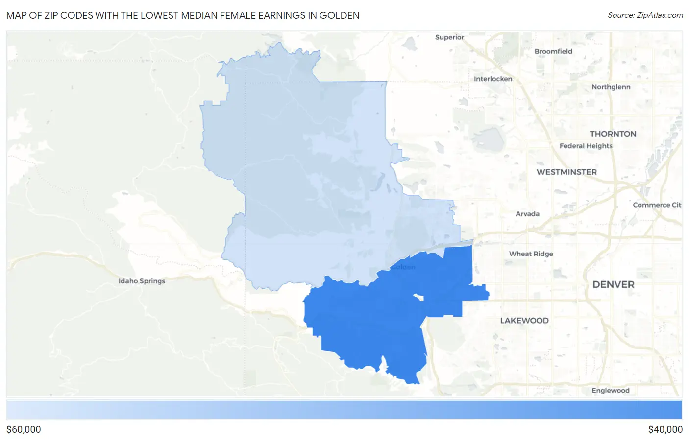 Zip Codes with the Lowest Median Female Earnings in Golden Map