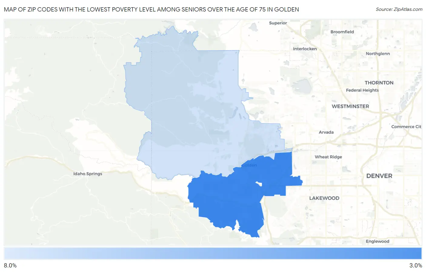 Zip Codes with the Lowest Poverty Level Among Seniors Over the Age of 75 in Golden Map
