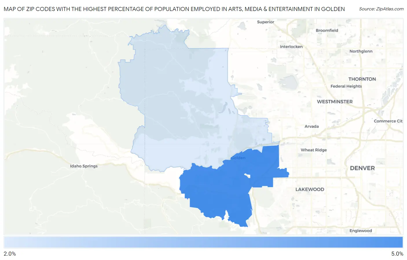 Zip Codes with the Highest Percentage of Population Employed in Arts, Media & Entertainment in Golden Map