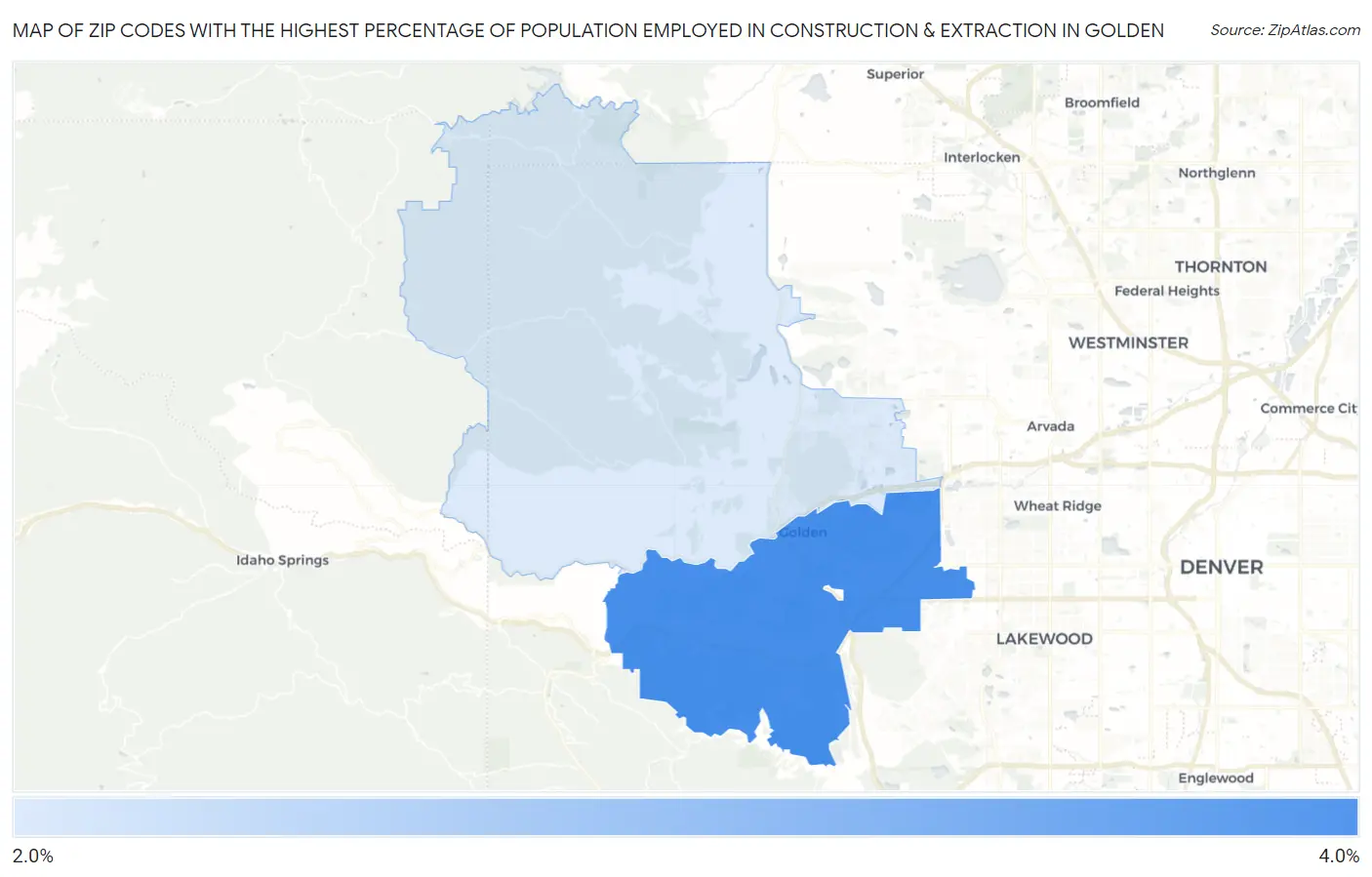 Zip Codes with the Highest Percentage of Population Employed in Construction & Extraction in Golden Map