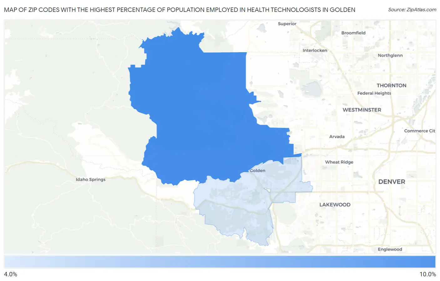 Zip Codes with the Highest Percentage of Population Employed in Health Technologists in Golden Map