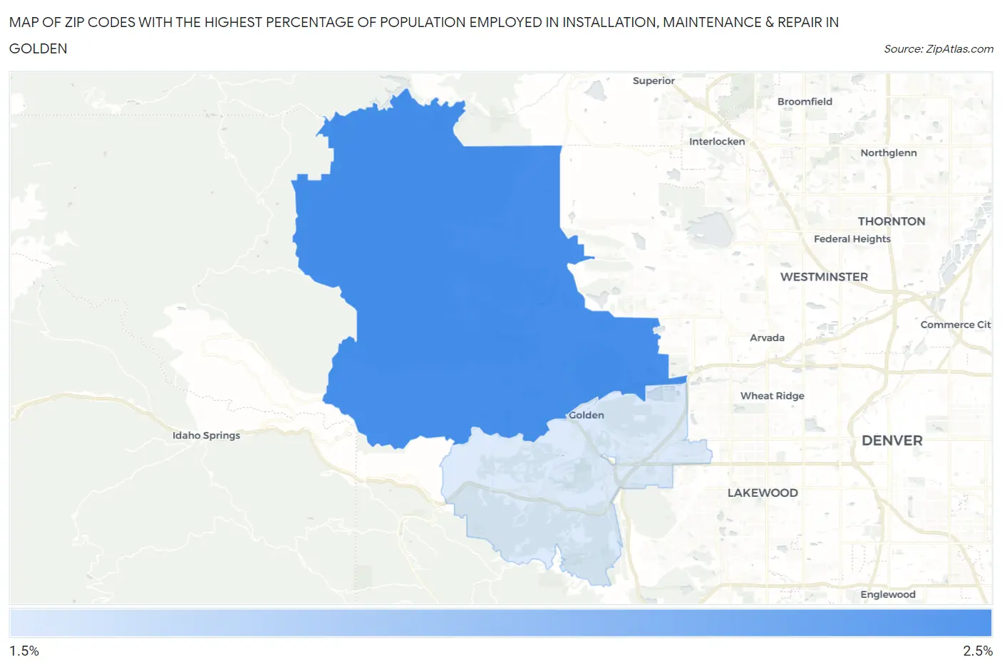 Zip Codes with the Highest Percentage of Population Employed in Installation, Maintenance & Repair in Golden Map