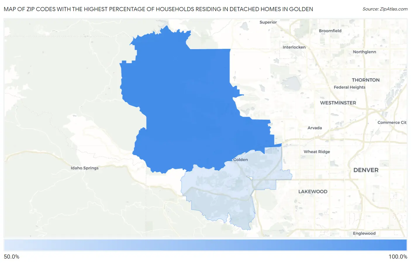 Zip Codes with the Highest Percentage of Households Residing in Detached Homes in Golden Map