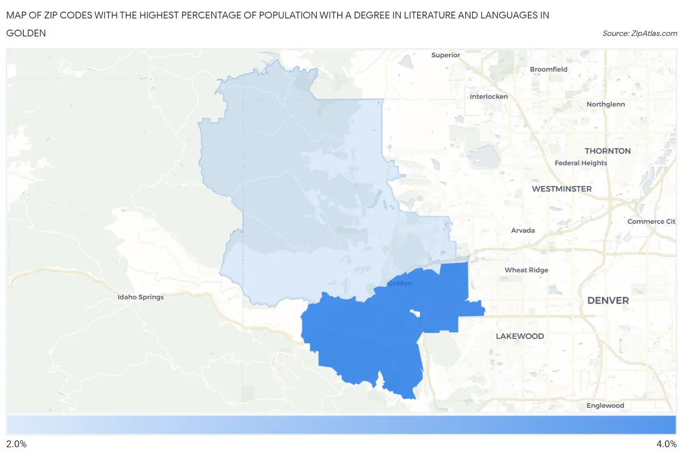 Zip Codes with the Highest Percentage of Population with a Degree in Literature and Languages in Golden Map