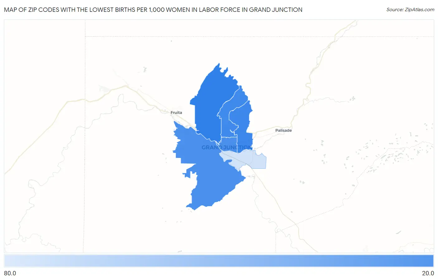 Zip Codes with the Lowest Births per 1,000 Women in Labor Force in Grand Junction Map