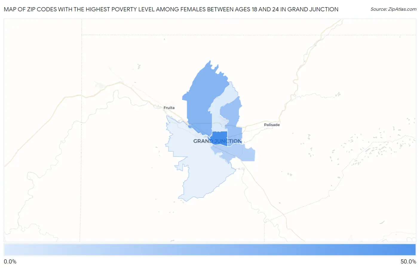 Zip Codes with the Highest Poverty Level Among Females Between Ages 18 and 24 in Grand Junction Map