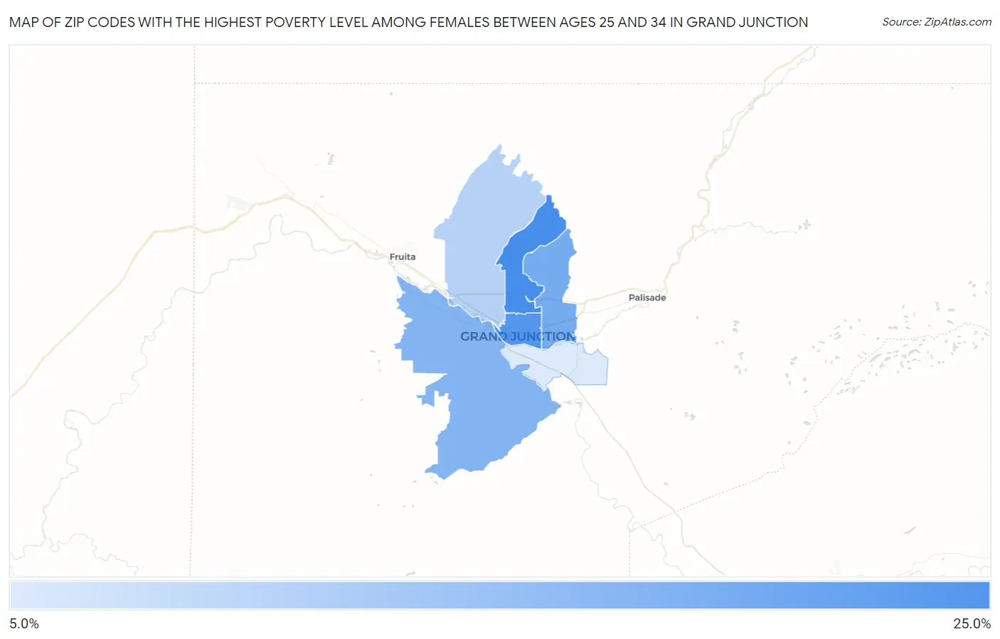 Zip Codes with the Highest Poverty Level Among Females Between Ages 25 and 34 in Grand Junction Map