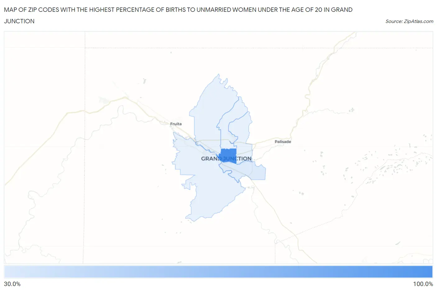 Zip Codes with the Highest Percentage of Births to Unmarried Women under the Age of 20 in Grand Junction Map