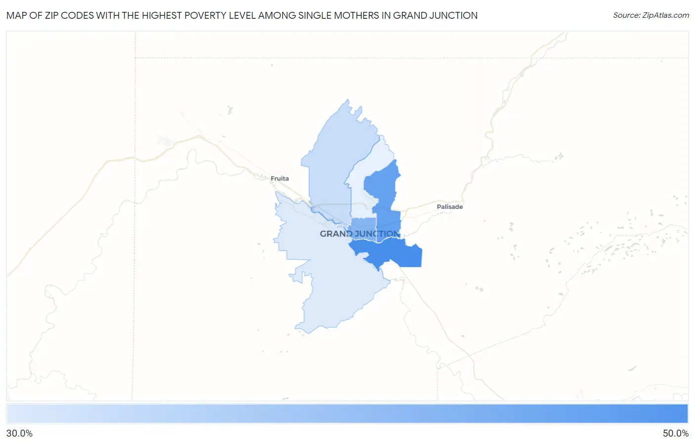 Zip Codes with the Highest Poverty Level Among Single Mothers in Grand Junction Map
