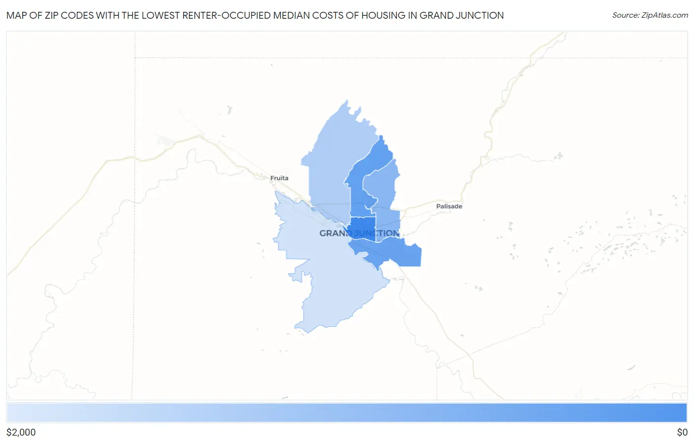 Zip Codes with the Lowest Renter-Occupied Median Costs of Housing in Grand Junction Map