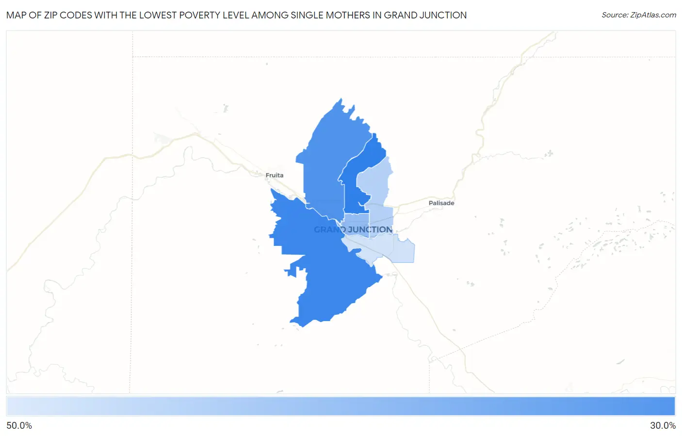 Zip Codes with the Lowest Poverty Level Among Single Mothers in Grand Junction Map
