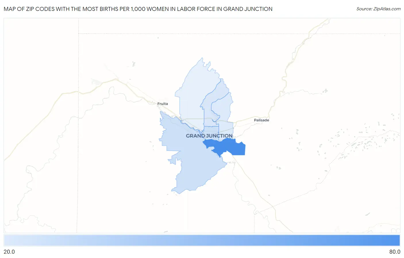 Zip Codes with the Most Births per 1,000 Women in Labor Force in Grand Junction Map