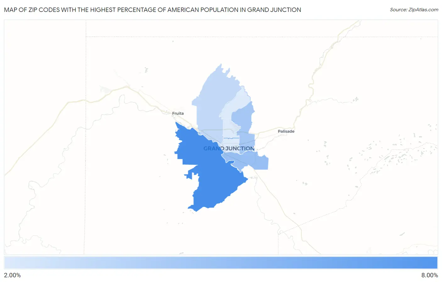 Zip Codes with the Highest Percentage of American Population in Grand Junction Map