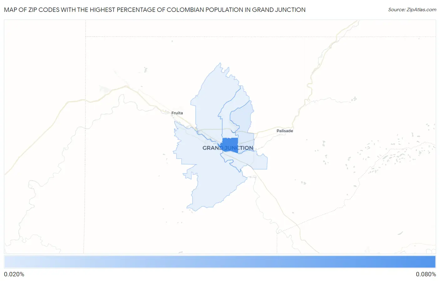 Zip Codes with the Highest Percentage of Colombian Population in Grand Junction Map