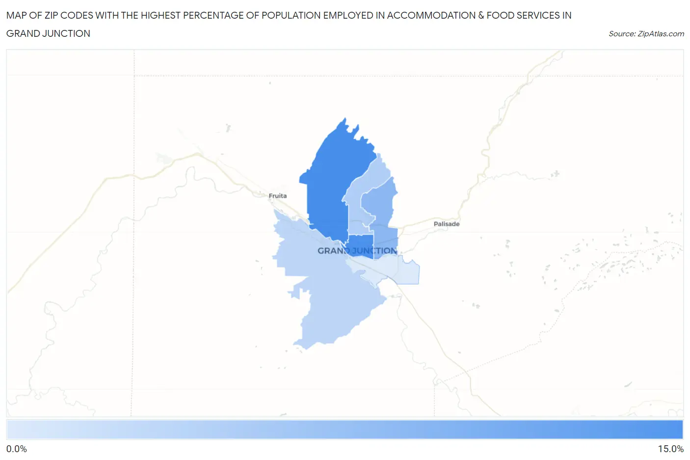 Zip Codes with the Highest Percentage of Population Employed in Accommodation & Food Services in Grand Junction Map