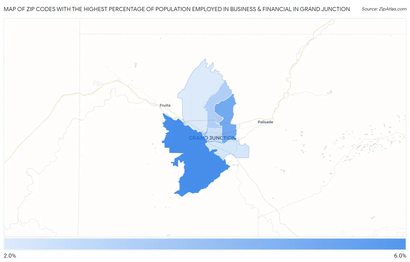 Zip Codes with the Highest Percentage of Population Employed in Business & Financial in Grand Junction Map