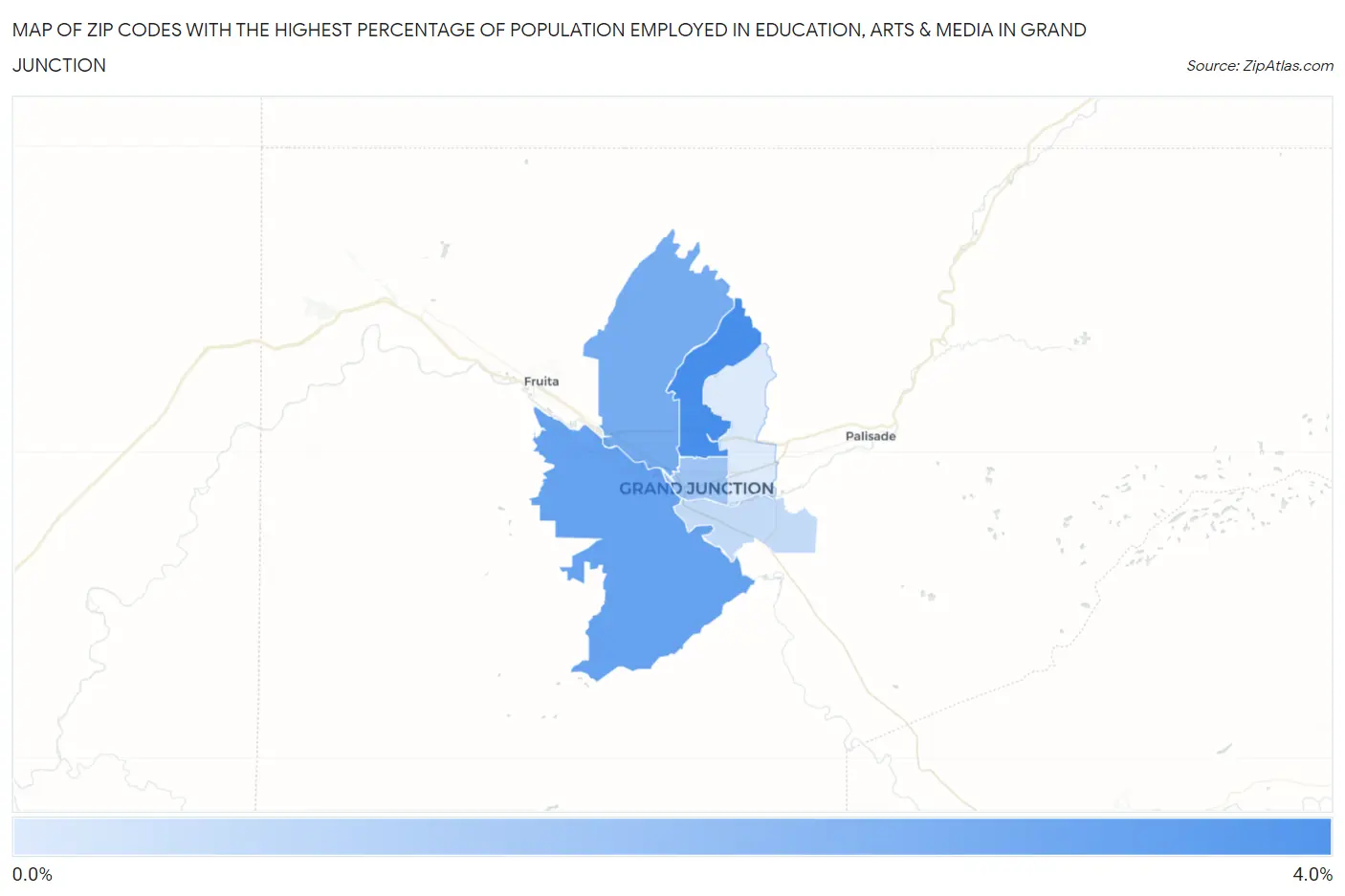 Zip Codes with the Highest Percentage of Population Employed in Education, Arts & Media in Grand Junction Map