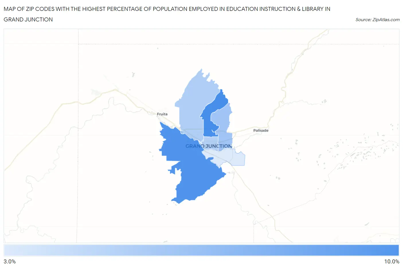 Zip Codes with the Highest Percentage of Population Employed in Education Instruction & Library in Grand Junction Map