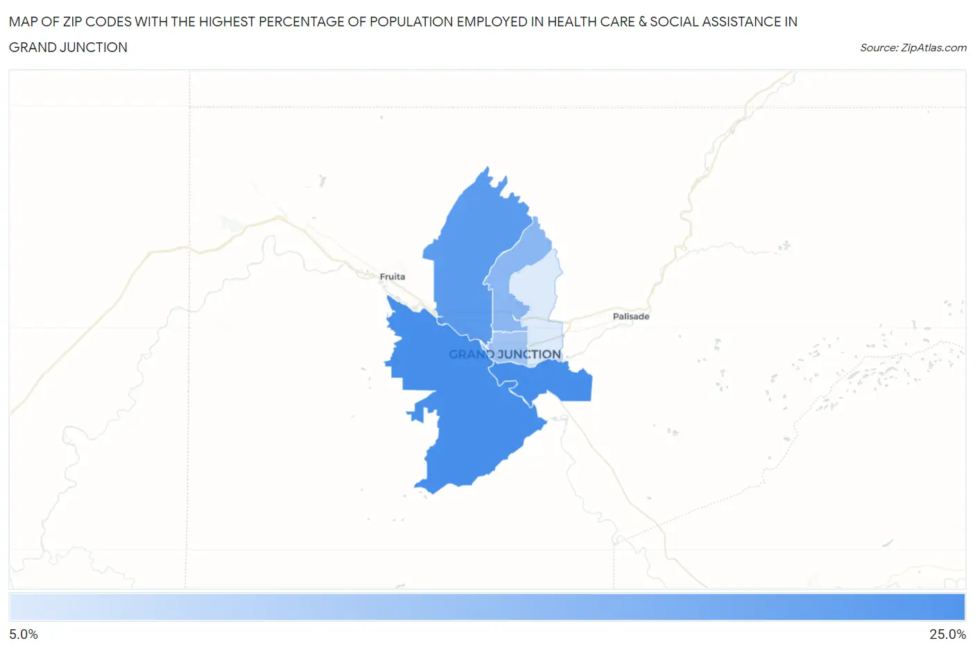 Zip Codes with the Highest Percentage of Population Employed in Health Care & Social Assistance in Grand Junction Map