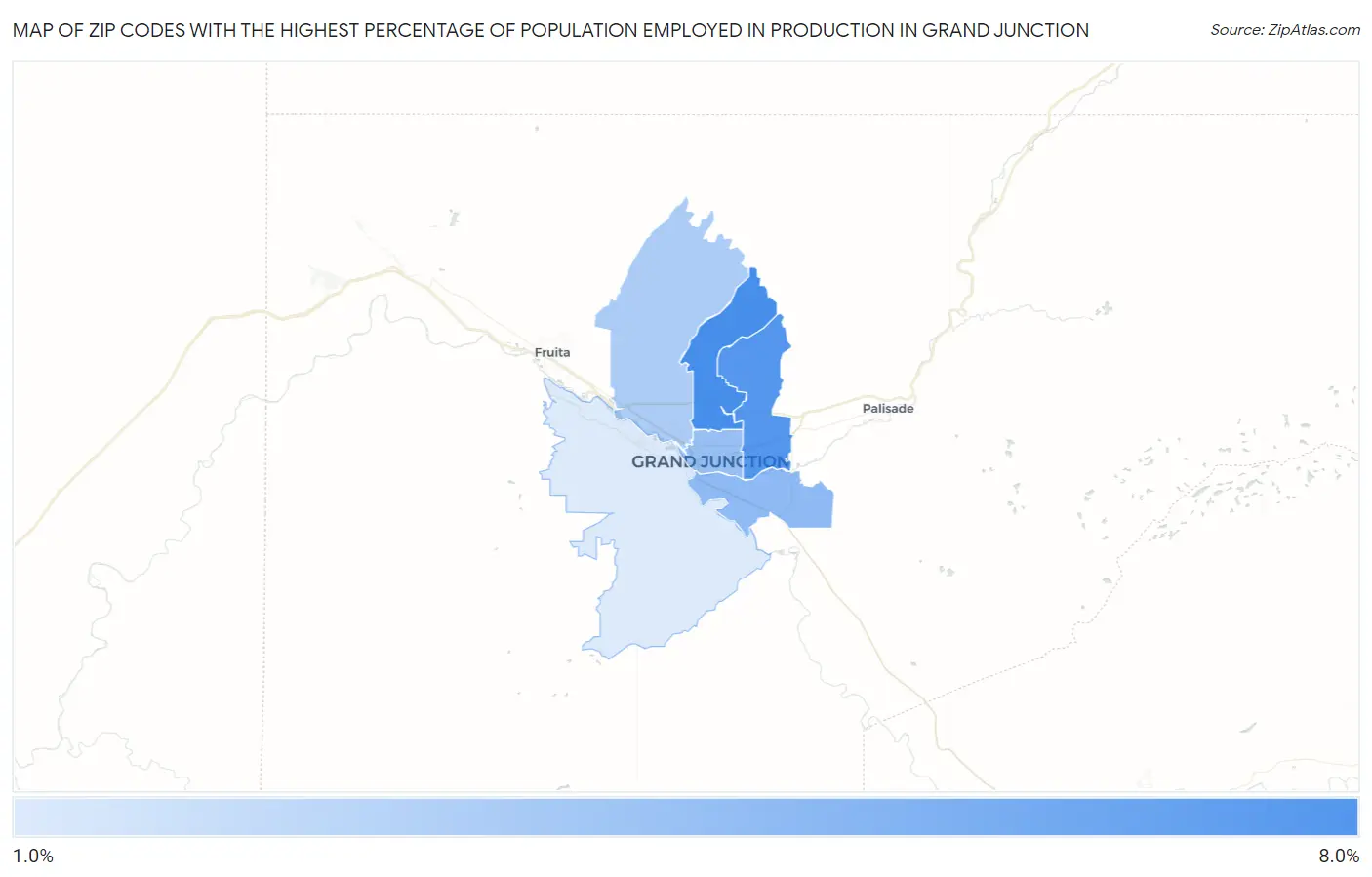Zip Codes with the Highest Percentage of Population Employed in Production in Grand Junction Map