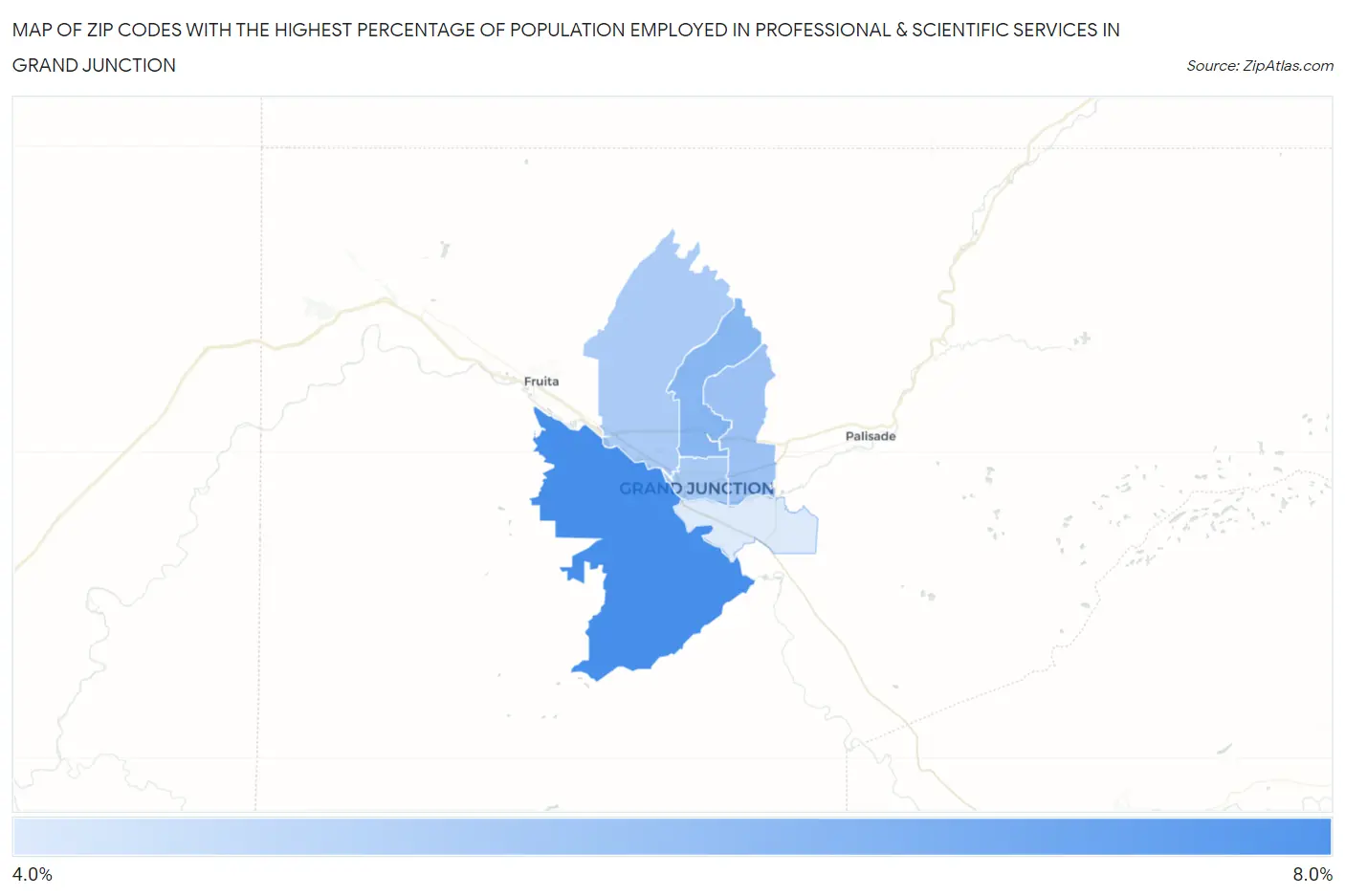 Zip Codes with the Highest Percentage of Population Employed in Professional & Scientific Services in Grand Junction Map