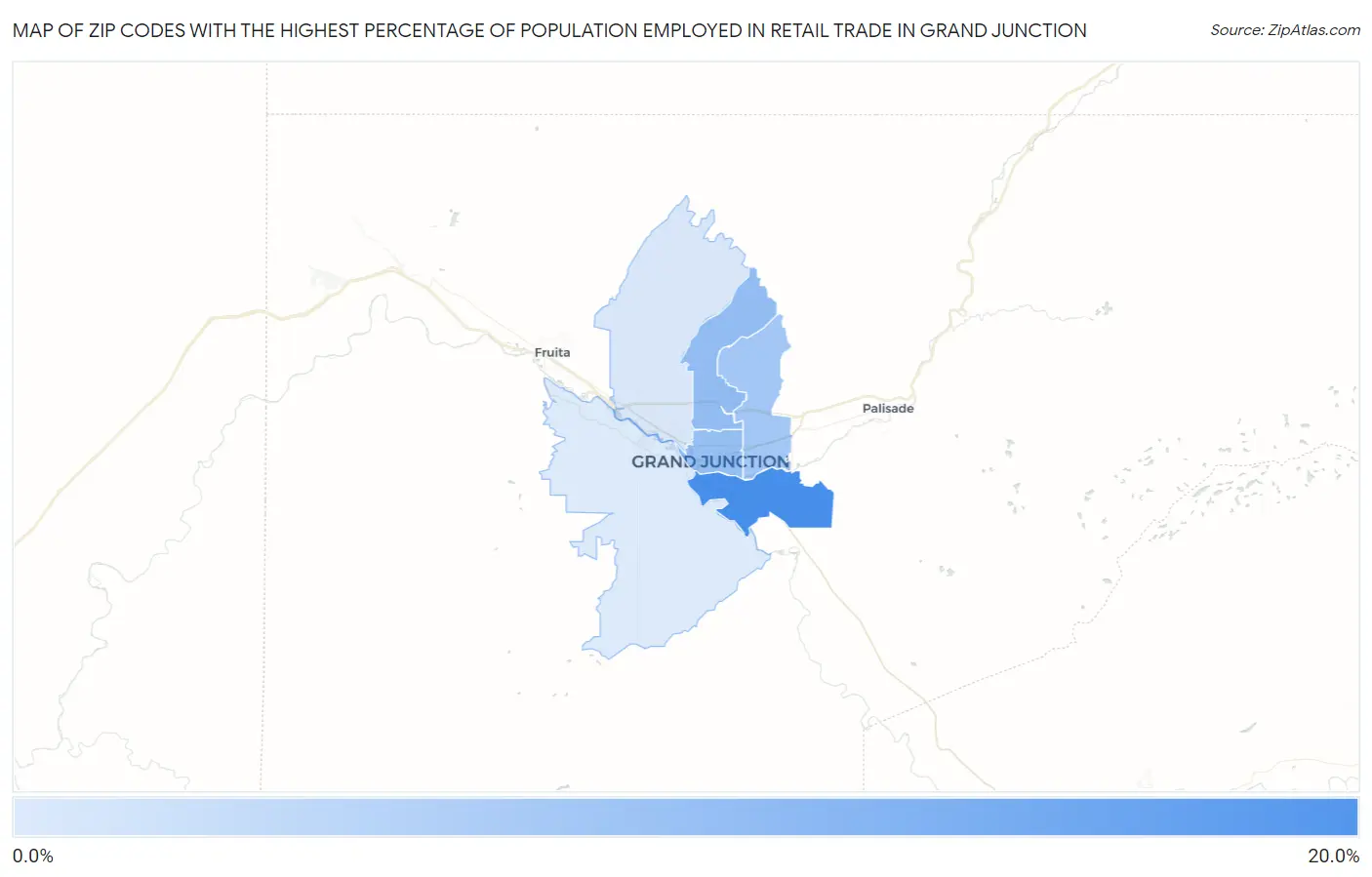 Zip Codes with the Highest Percentage of Population Employed in Retail Trade in Grand Junction Map