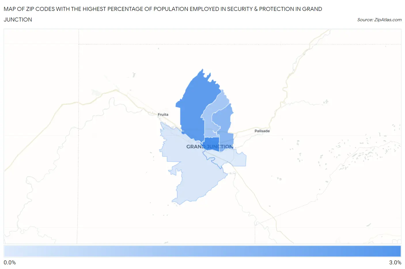 Zip Codes with the Highest Percentage of Population Employed in Security & Protection in Grand Junction Map