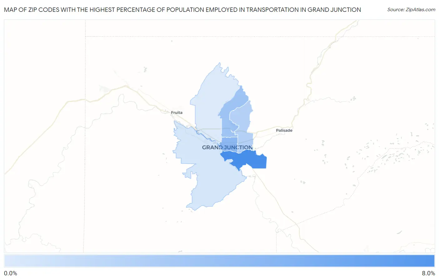 Zip Codes with the Highest Percentage of Population Employed in Transportation in Grand Junction Map