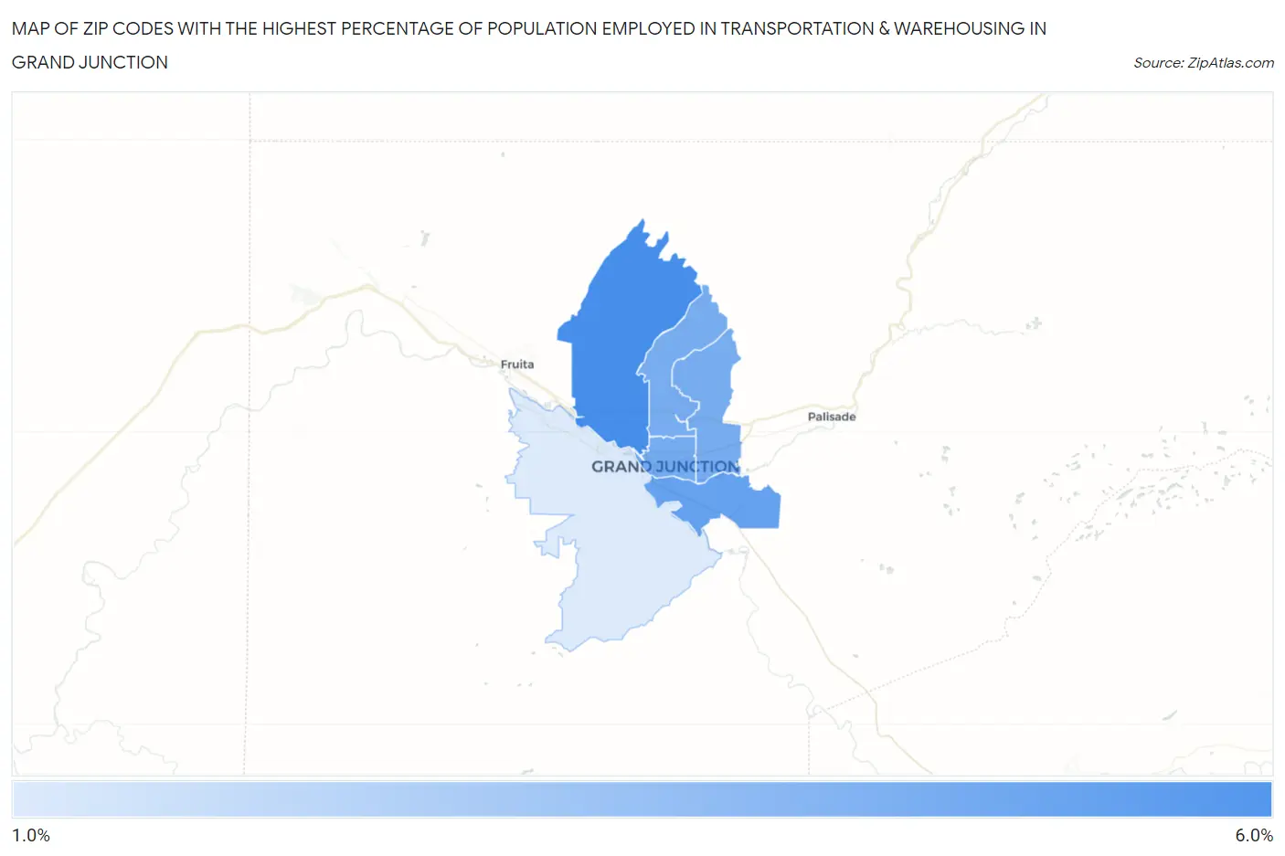 Zip Codes with the Highest Percentage of Population Employed in Transportation & Warehousing in Grand Junction Map