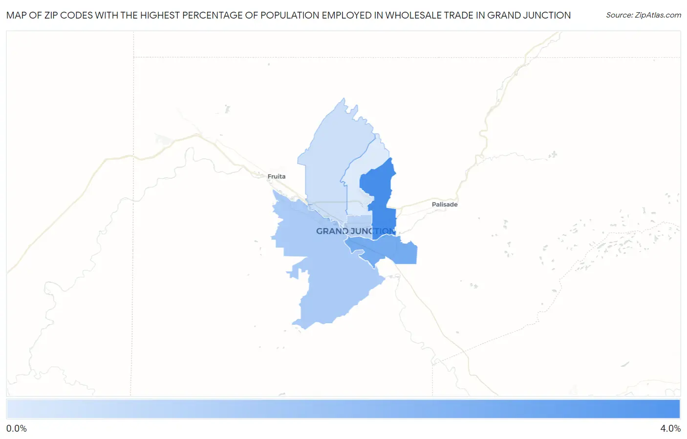 Zip Codes with the Highest Percentage of Population Employed in Wholesale Trade in Grand Junction Map