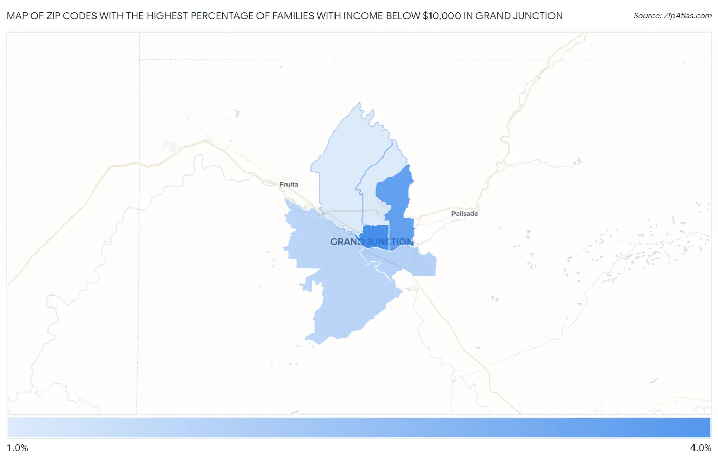 Zip Codes with the Highest Percentage of Families with Income Below $10,000 in Grand Junction Map