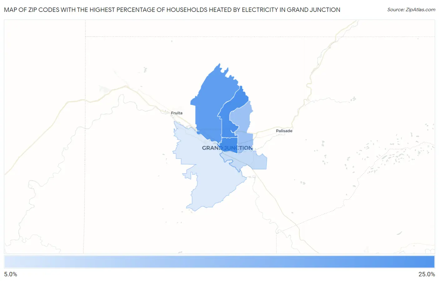 Zip Codes with the Highest Percentage of Households Heated by Electricity in Grand Junction Map