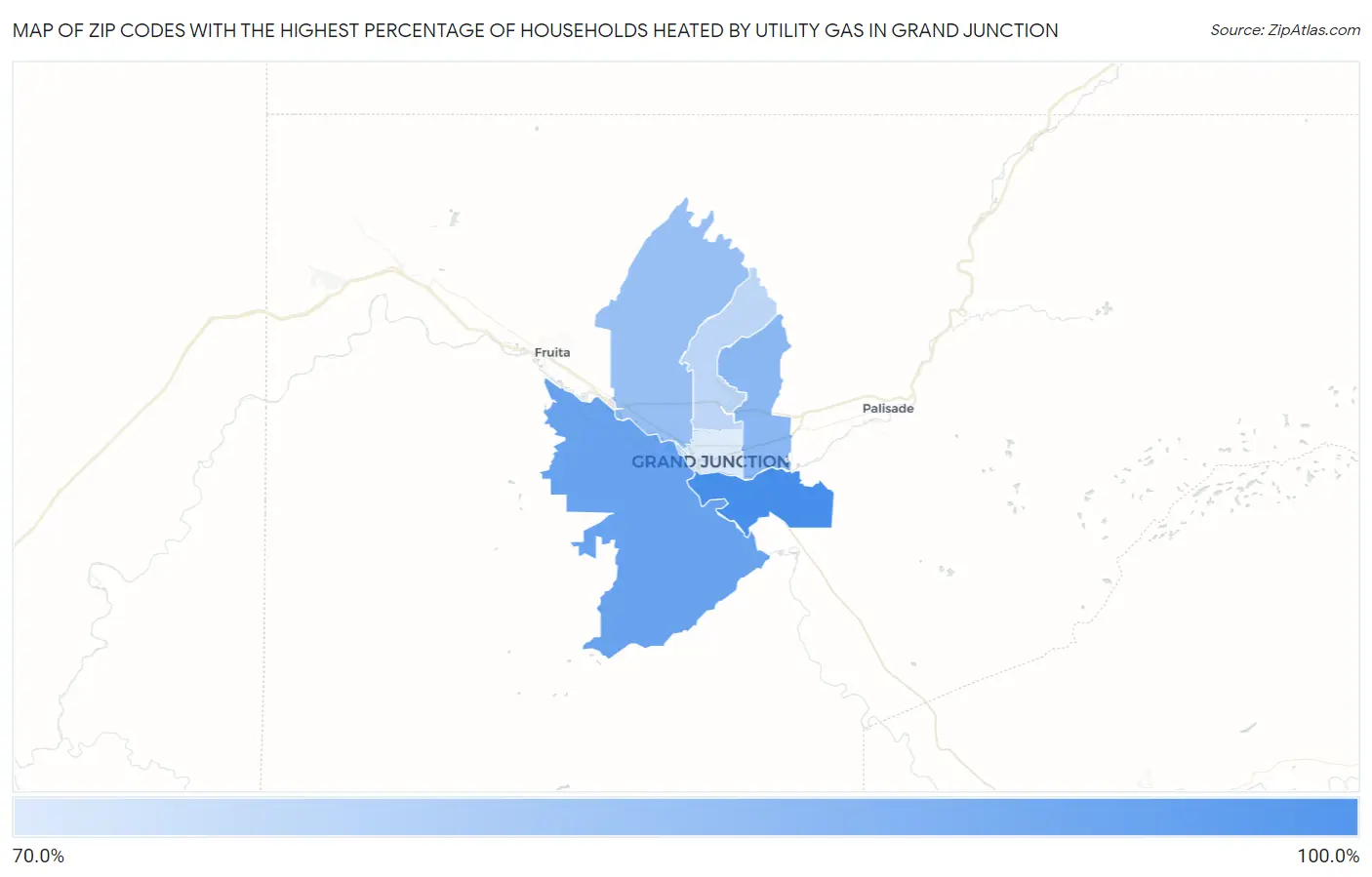 Zip Codes with the Highest Percentage of Households Heated by Utility Gas in Grand Junction Map