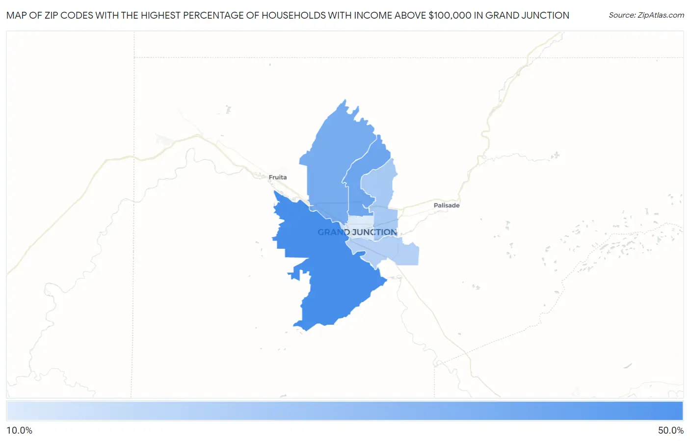Zip Codes with the Highest Percentage of Households with Income Above $100,000 in Grand Junction Map