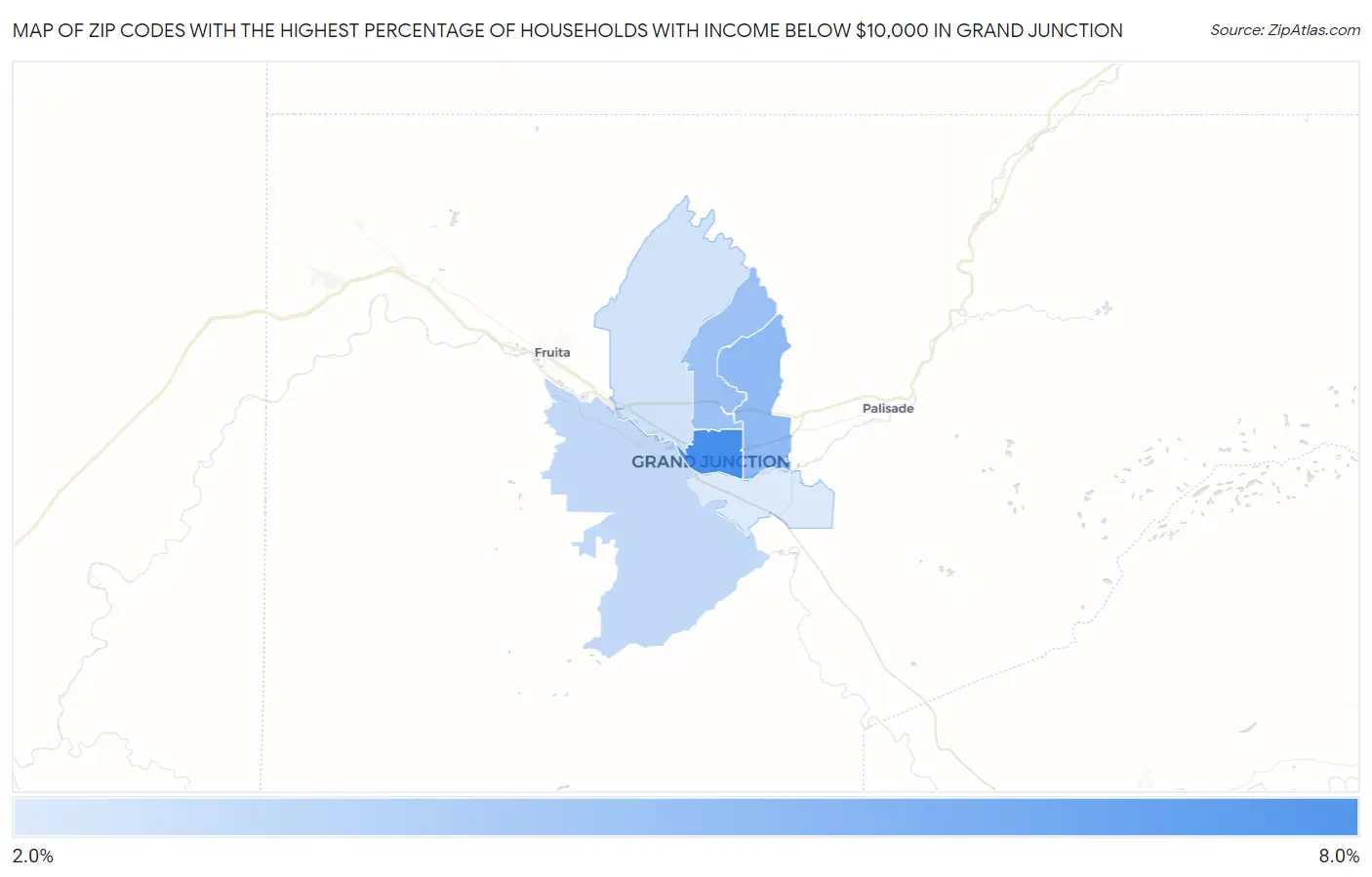 Zip Codes with the Highest Percentage of Households with Income Below $10,000 in Grand Junction Map