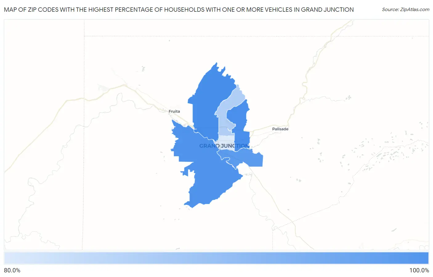 Zip Codes with the Highest Percentage of Households With One or more Vehicles in Grand Junction Map