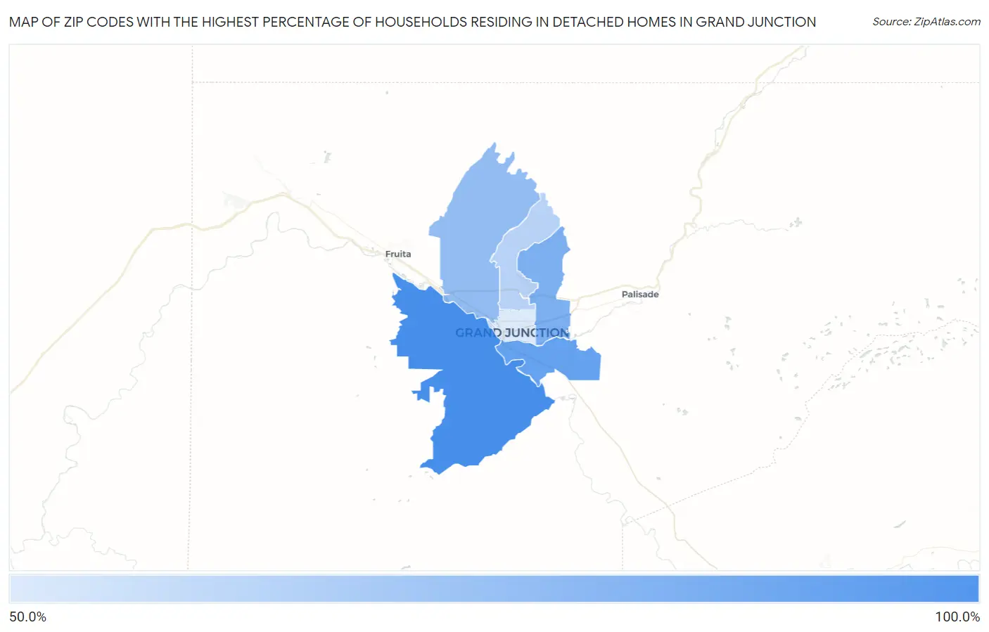 Zip Codes with the Highest Percentage of Households Residing in Detached Homes in Grand Junction Map