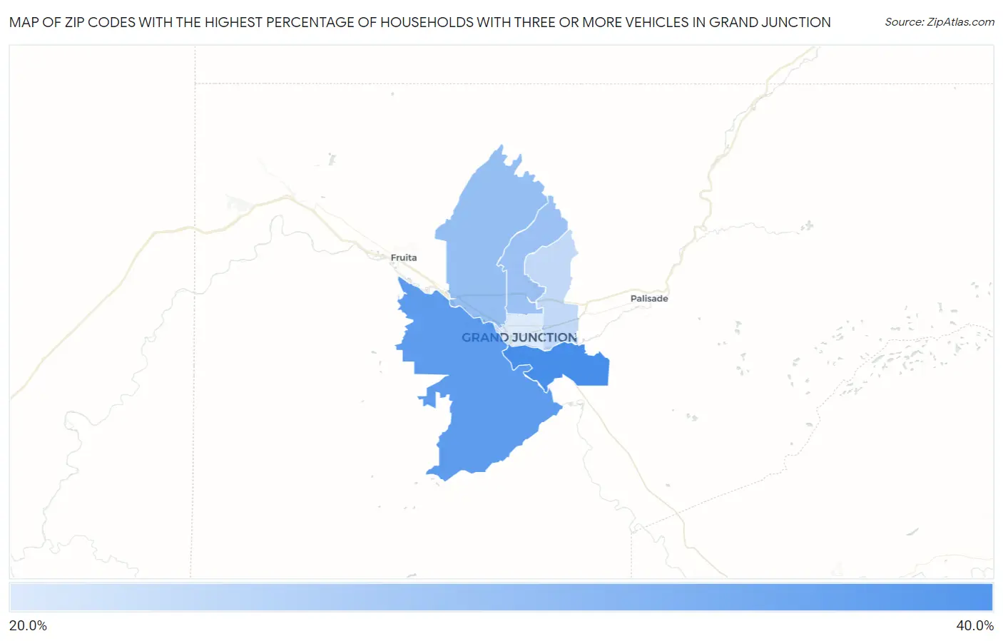 Zip Codes with the Highest Percentage of Households With Three or more Vehicles in Grand Junction Map