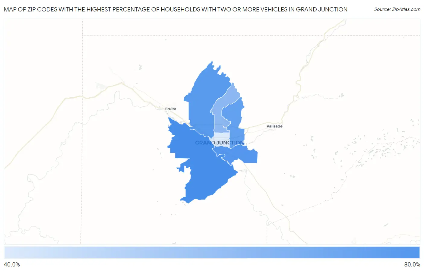 Zip Codes with the Highest Percentage of Households With Two or more Vehicles in Grand Junction Map