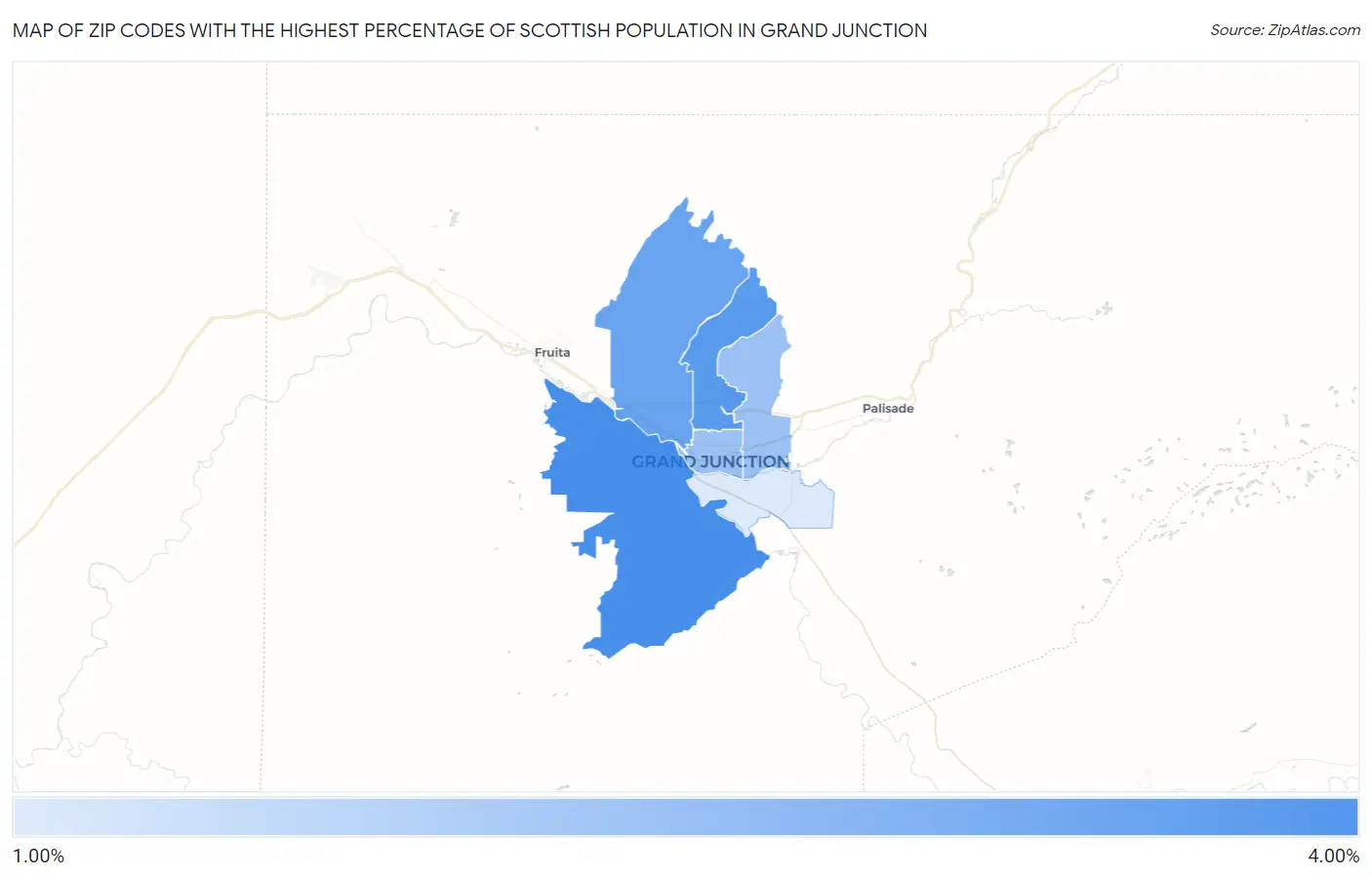 Zip Codes with the Highest Percentage of Scottish Population in Grand Junction Map