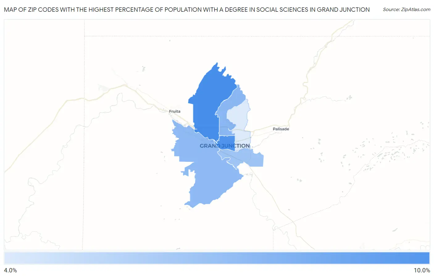 Zip Codes with the Highest Percentage of Population with a Degree in Social Sciences in Grand Junction Map
