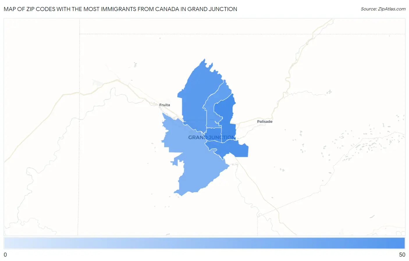 Zip Codes with the Most Immigrants from Canada in Grand Junction Map