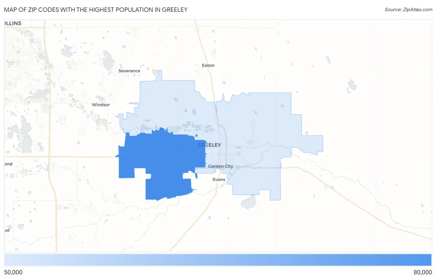 Zip Codes with the Highest Population in Greeley Map